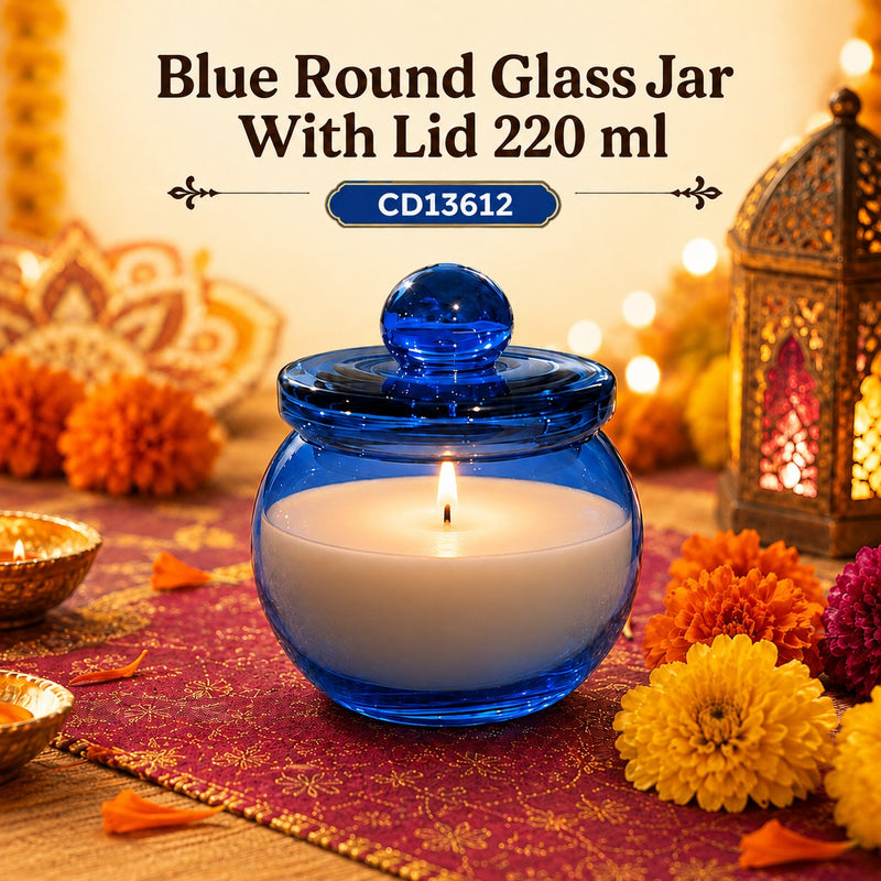 Blue Round Glass Jar With Lid 220 ml CD13612 Niral Industries