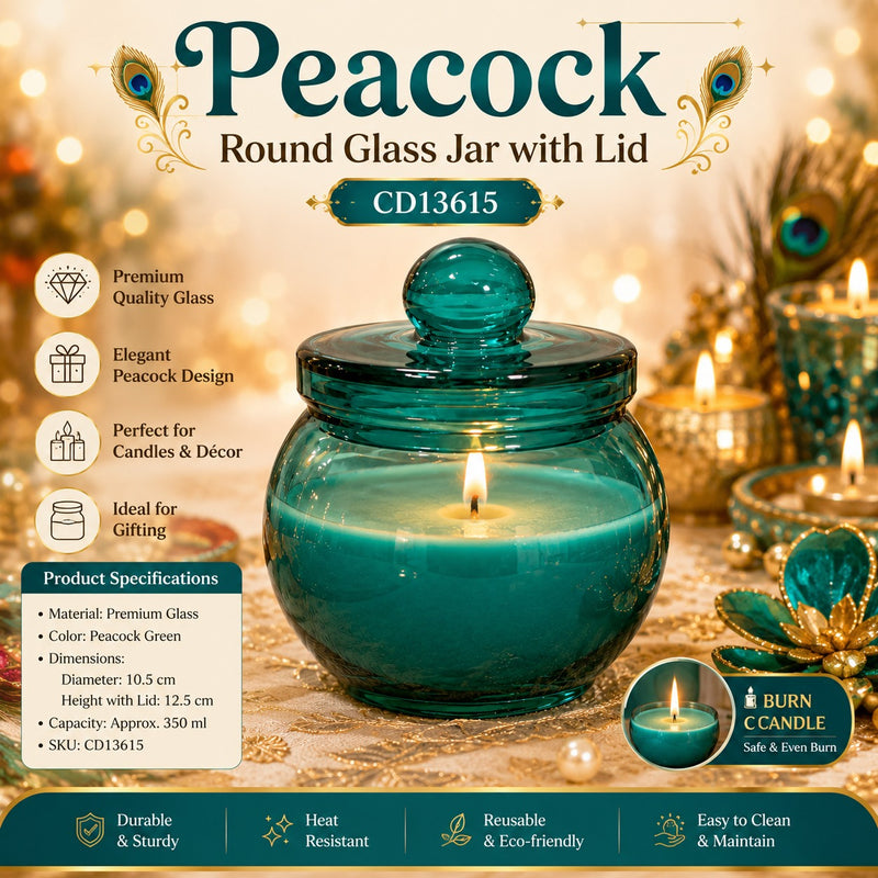 Peacock Green Round Glass Jar With Lid 220 ml CD13615 Niral Industries