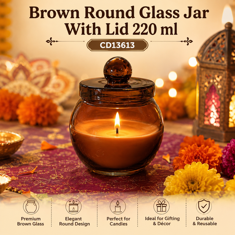 Brown Round Glass Jar With Lid 220 ml CD13613 Niral Industries